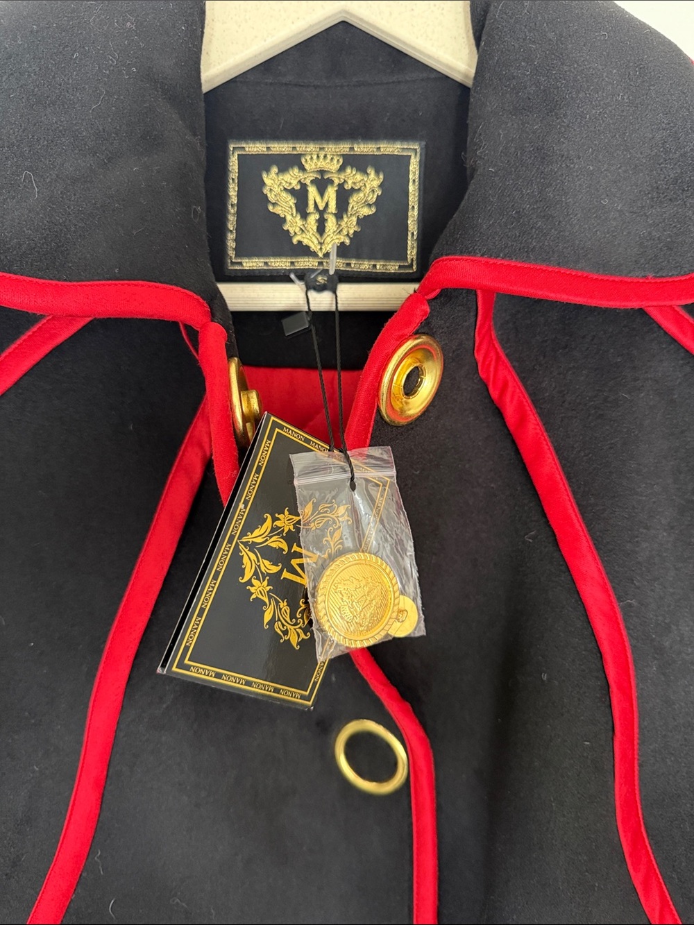 Manon Baptiste Black Trench Coat with Red Trim - Picture 2 of 5